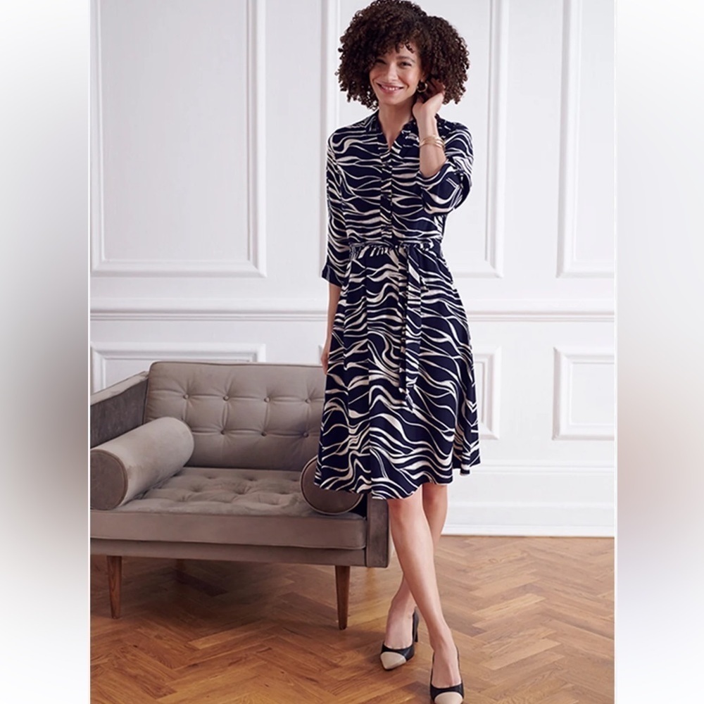 Hobbs London Clarice Wave Print Knee Length Shirt Dress Navy Size US 4